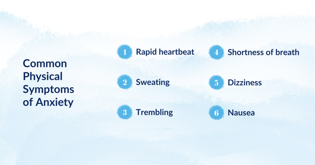 Common physical symptoms of anxiety include rapid heartbeat, sweating, trembling, and dizziness.